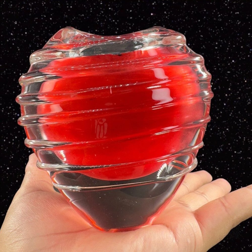 Heart Art Glass Vase‎ Candle Holder Red Inside With Clear Swirls Heavy Thick